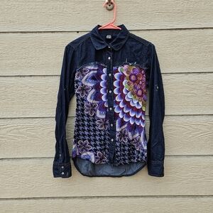 Desigual mixed media button front shirt dark chambray patterned size medium